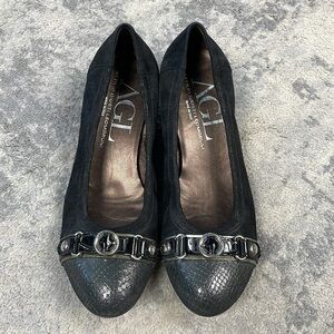 AGL Cap Toe Buckle Ballet Shoes Low Wedge Shimmer Silver Black Sz 39.5